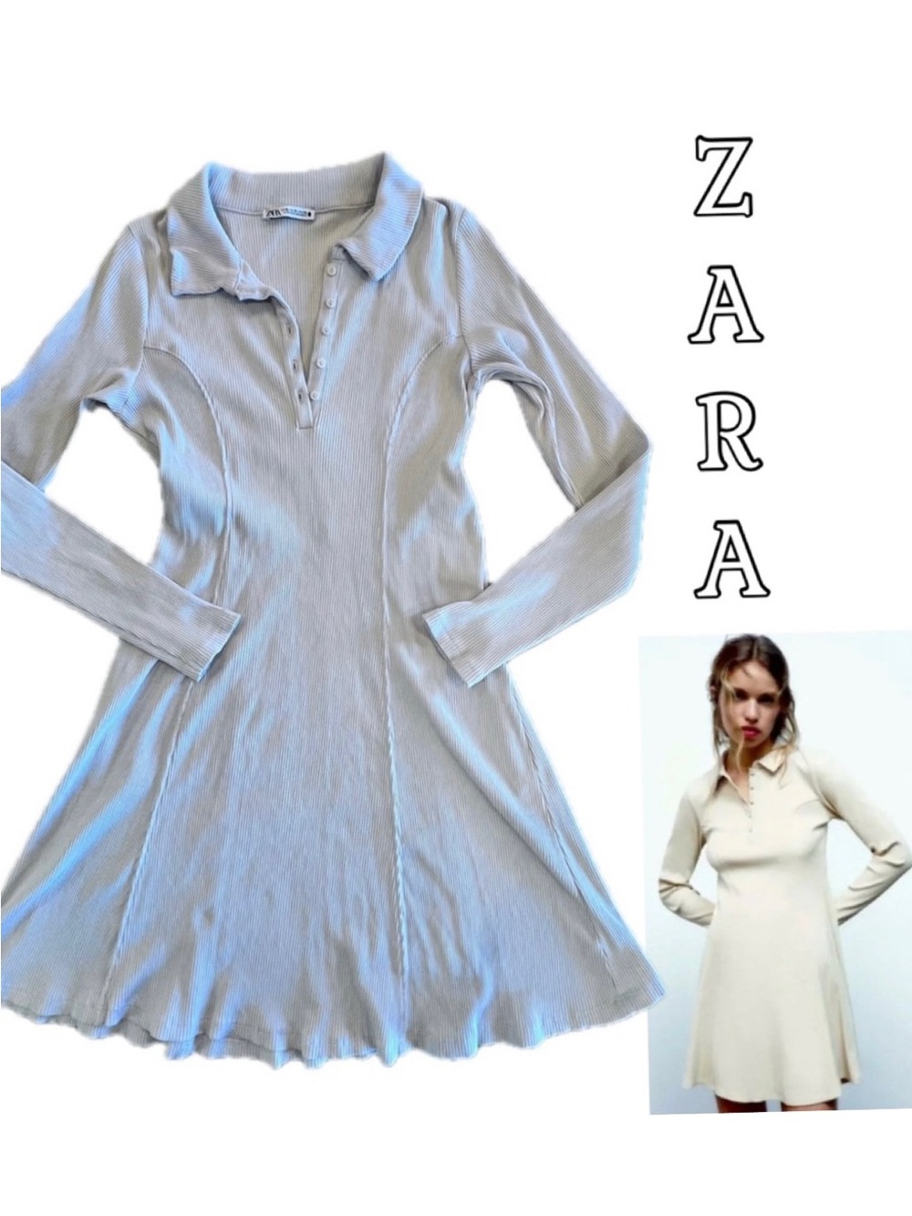 Zara Polo Ribbed Knit Stretch Long Sleeve Mini Dress Beige Sand Sz XL